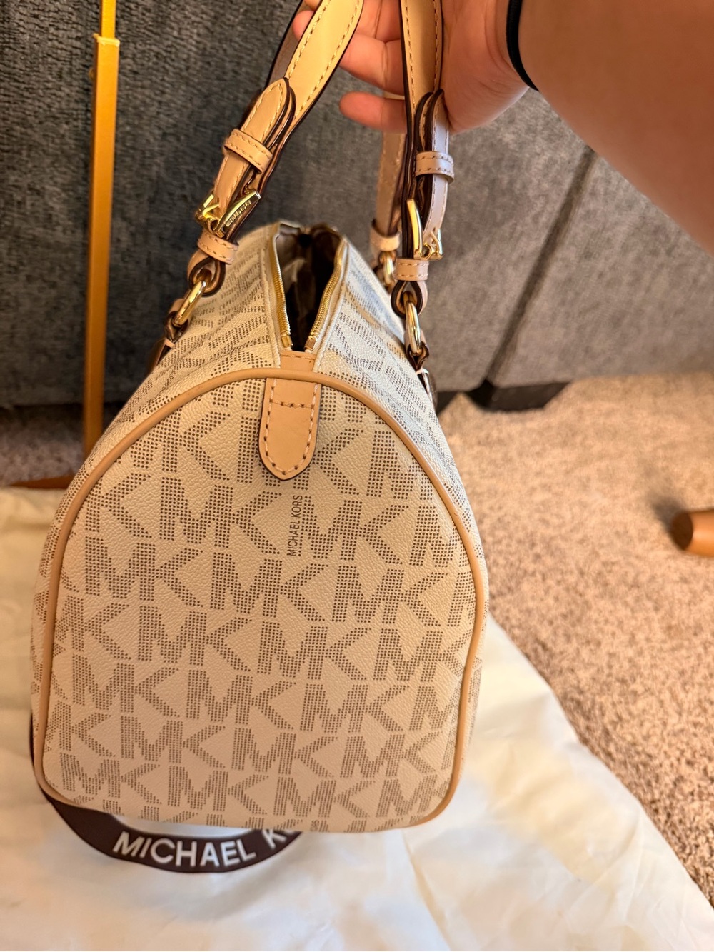 Michael Kors Cream Logo Satchel with Tan Leather Trim and Gold Hardware - Picture 4 of 11